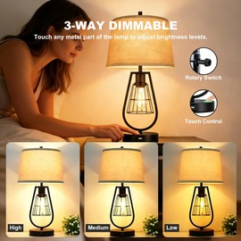 cattino Farmhouse Table Lamps with USB Ports, Industrial Bedside Lamps with Dual Light Design, Touch Control Night Light & Rotary Switch, Rustic Nightstand Lamps for Bedroom Living Room