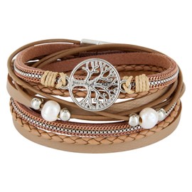 StarAppeal Women’s Wrap Bracelet with Pearls, Chains, Braided Element, Tree of Life Charm and Silver Magnetic Clasp, Silver