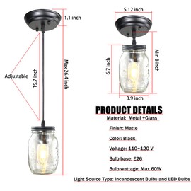 Classic Mason Jar Light Fixture, Clear Glass Hanging Lamp Adjustable Farmhouse Mason Jar Pendant Lights