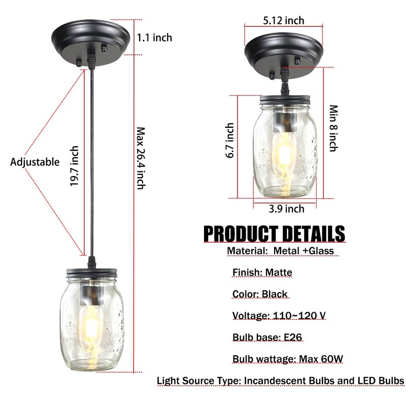 Classic Mason Jar Light Fixture, Clear Glass Hanging Lamp Adjustable