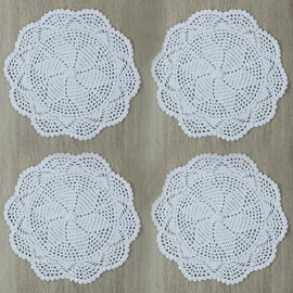 kilofly Crochet Cotton Lace Table Placemats Doilies Value Pack, 4pc, Hexa, White, 12 inch