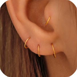 Small Cartilage Hoop Earrings for Women/Men, Thin Piercing Hoop Ring for Helix, Tragus, Conch, Nose (1 Pair 9mm,22g,14K Gold Filled)