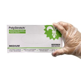 200 Count | KingSeal PolyStretch TPE Poly Hybrid Disposable Gloves, Powder-Free, Vinyl Glove Substitute, Size Medium - 1 Box of 200 Gloves