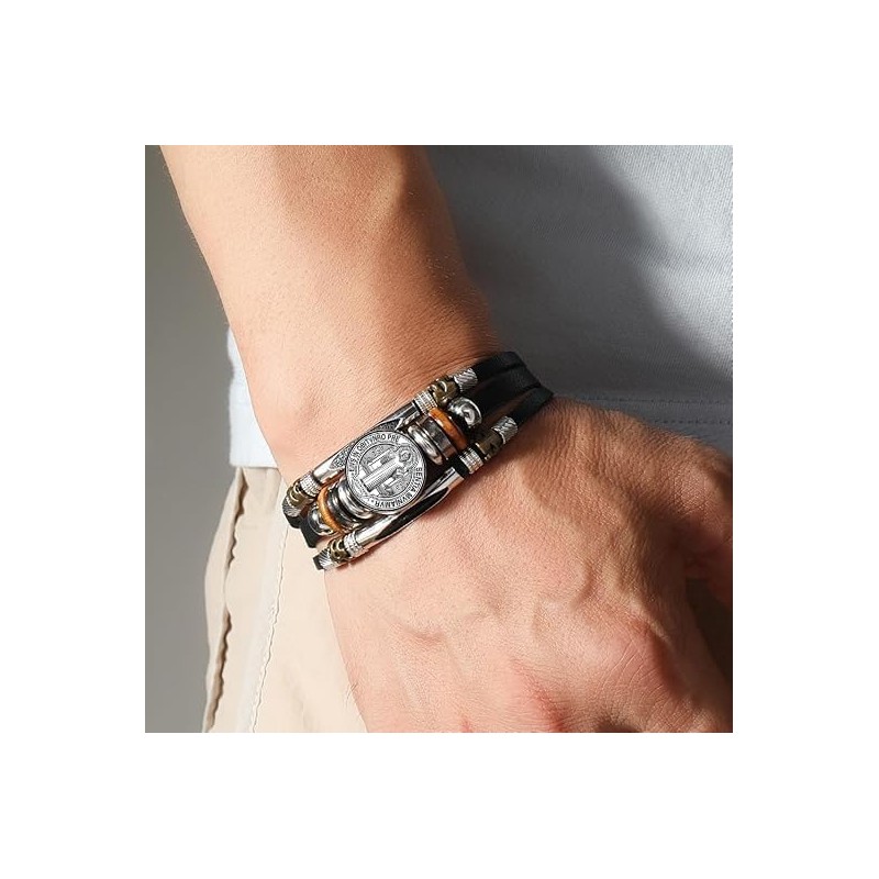 BaBakiak St Benedict Exorcism Medal Leather Bracelet, Multilayer with Beads
