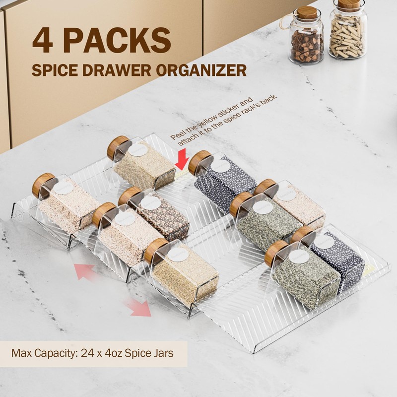 PanPanPal Spice Drawer Organizer, 4 Pack Clear Seasoning Organizer Rack,