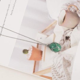 FANASY Crystal Holder Necklace - Stainless Steel Cage for Stones, Crystal Pendant Necklace With Adjustable Length, Natural Gemstone Jewelry for Women Men (Polished Green Aventurine)