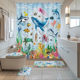Printspree 4pcs Ocean Theme Shower Curtain Set, Vibrant Underwater Scene Includes Non-Slip Bath Mat, Toilet Lid Cover, and Floor Mat