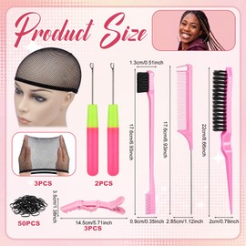 Hotop 61 Pcs Knitted Dirty Braids Wig Tools Hair Crochet Hooks Set, 3 Wig Cap, 2 Crochet Needles, Edge and Bristle Brush, Rat Tail Comb, 3 Alligator, 50 Rubber Bands for Passion Twist Hair Extensions