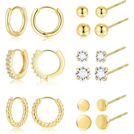 LYLYMIMI Huggie Women's Earrings 14k Gold Plated Low Allergy Micro CZ Ball Perforated Cartilage Earrings Earnail Set