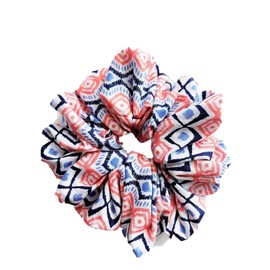 Moana - 7 inch Jumbo Scrunchie - Ikat Graphic Print - White Navy Blue Coral Pink - Made in Texas USA