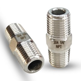 1/4" Male x 1/4" Male Hex Nipple Pipe Fittings, 304 Stainless Steel 1/4 inch NPT Male Threaded Pipe Adapter Fittings Equal Nipples Connectors, Male Straight Connector Pipe Fitting (1/4“, 2pcs)