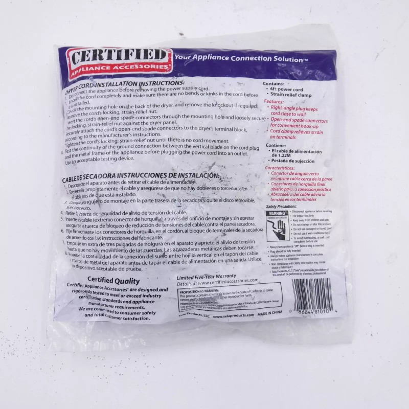 Certified Appliance 4' Certified Appliance 90-1010QC 3-Wire Quick-Connect 30-Amp Dryer