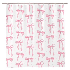 FloralGrace Cute Shower Curtain Pink Bow Fabric Shower Curtains for Bathroom Modern Aesthetic Fabric Shower Curtain Set with Hooks 180 x 180 cm, Pink Bow