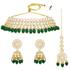 Aheli Gold Plated Kundan Studded Choker Necklace Jhumki Earrings & Maang Tikka Ethnic Fashion Jewellery Set Gift for Women