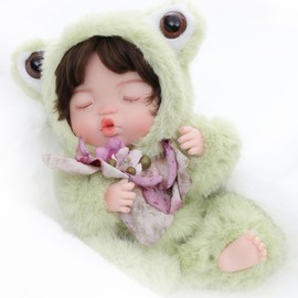 Reborn Baby Doll 10 Inch – Realistic Vinyl Sleeping Girl in Soft Green Frog Outfit – Comfort Doll Gift for Girls & Collectors