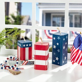 Glitzhome 3 Pcs Patriotic Firecracker Wooden Blocks, Wood Americana Tabletop Centerpiece Decorations, 4th of July Tiered Tray Decor, Independence Day Farmhouse Home Rustic Table Sign for Memorial Day