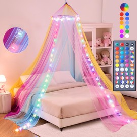 Rainbow Bed Canopy for Girls, Princess Canopy Bed Curtain with 34 Colors Changing Butterfly Lights Remote Timer for Girls Bedroom, Hanging Canopy for Twin Full Queen King Kids Bed Decor