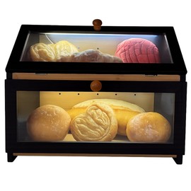 Davachuza Large Double Layer Bread Box for Kitchen Counter – Bamboo Bread Storage Bin with Window & LED Light (Black)