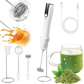 Rechargeable Milk Frother Handheld with Stand, Coffee Foam Frother Wand, Detachable Stainless Steel Whisk Drink Mixer for Coffee, Cappuccino, Lattes, Frappe, Matcha,Egg and Hot Chocolate, White