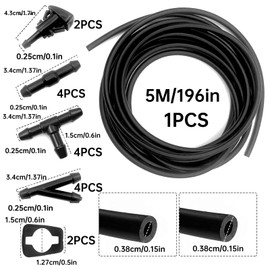 Jiavlyx Windshield Washer Hose Kit,5 Meter Washer Fluid Hose with 12 Pcs Hose Connectors,2 nozzles, 2 Rubber Pads, Car Windshield Washer Hose Kit, Rubber Universal Windscreen Washer Hose
