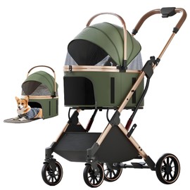 NUGUTIC Dog Stroller with 4 Wheels, Folding Pet Stroller for Small, Medium Dogs and Cats up to 50lbs, Detachable Carrier, Storage Basket, Car Seat 3 in 1 Multifunctional (Olive Green)