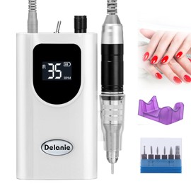 Delanie Nail Drill Machine 35000RPM, Portable Acrylic Nail File Rechargeable Efile Nail Drill Professional with 6 Bits and Sanding Bands Electric Nail File (White)