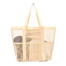 ALMLWIAJ XXL Mesh Beach Bag, 64 x 43 x 20 cm, 27L Capacity, Waterproof with Zip Compartment, Foldable, Black, khaki, XXL