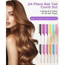 PASDUCHAS 24 Pcs Rat Tail Combs Set, Steel Pintail Teasing Combs for Braiding Hair, Fine Tooth Parting Combs Styling Tools for Women, 2 Styles & Multiple Colors