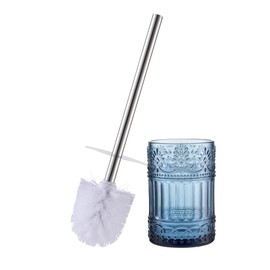Decorative Glass Toilet Brush and Holder Set, 14.8 inch Height, Blue