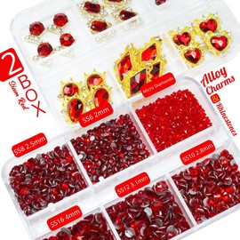 24pcs Red Luxury Nail Charms +2000pcs Ruby Red Rhinestones 3D Big Nail Gems K9 Glass Nail Crystals Diamonds Jewelry Stones Alloy Nail Art Studs Decor Supplies Heart Charms for Arylic Nails Crafts DIY