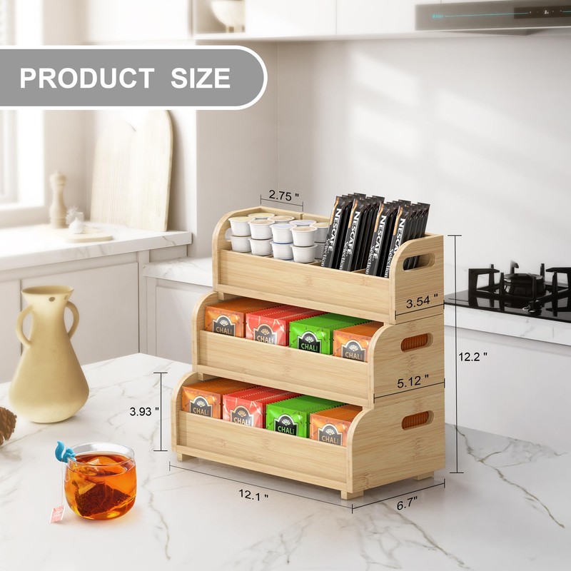 Tea Bag Organizer Storage Holder- Bamboo Countertop Teabag Display Rack