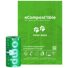 eCompostable Eco-Friendly Poop Bags Compostable Cat Poop Bags - 15 Count (1 Roll) Unscented, Leak-Proof, Compostable Waste Bags for Dogs & Cats, 23x33cm Green
