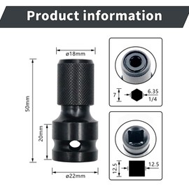 2 PCS 1/2 inch Square Drive to 1/4 inch Hex Shank Socket Adapter,Durable Impact Adaptor,Black Quick Release Chuck Converter for Impact Ratchet Wrench Screwdriver Bit (Black)