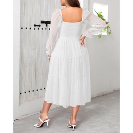 Plus Size Graduation Dress White Homecoming Long Puff Sleeve Square Neck Smocked Swiss Dot Casual Fall Midi Dresses