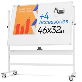 Rolling Dry Erase Board 46 x 32 - Large Portable Magnetic Whiteboard with Stand - Double Sided Easel Style with Wheels - Mobile Standing Whiteboard for Office, Classroom & Home