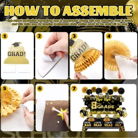 Rtteri 70 Pcs 8th Grade Graduation Decorations Set Congrats Grad Banner, Bye Bye 8th Grade Hello High School Backdrop, Balloons Streamers Kit Complete Party Supplies for High School(Black and Gold)