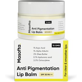 Bálsamo labial antimanchas Masofta con ácido kójico, alfa arbutina y manteca de karité para labios suaves, sin grietas y con un tono uniforme. FPS 30 PA++. Para hombres y mujeres. 15 g.