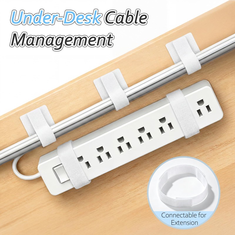 Cable Management Under Desk Detachable Cable Straps, White, 20 Pack