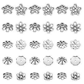PH PandaHall Pack of 50 Tibetan Bead Caps with Flower Motif, 925 Sterling Silver Bead Caps, Bead End Caps, Spacer, Bead Caps, Filigree End Charm Caps, Eyelets for DIY Jewellery Making