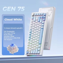 ElecFox GEN75 Wireless Gaming Mechanical Keyboard with Metal Knob Control, USB Charging with RGB Backlight:_Cloud White