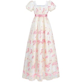 CR ROLECOS Regency Dresses for Women Victorian Dresses Long Dress Tea Party Gown Floral Pink Dress M
