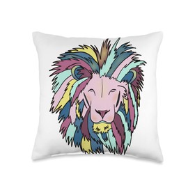 Lion Head With Colorful Mane King of Jungle Animal Design Throw Pillow
