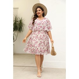 Keluummi Plus Size Summer Wedding Guest Dresses for Curvy Women, Casual Boho Floral Chiffon Midi Dresses with Empire Waist(24 Plus, 03 - White Floral)