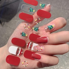 Christmas Nail Strips Christmas Gel Nail Stickers Snowflakes Snowman Xmas Tree Design Gel Nail Polish Strips Pink Red Christmas Stickers Full Wrap Nail Stickers for Women Nail Art Decorations 4PCS