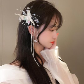 Jumwrit Colorful Butterfly Hair Clip Rhinestone Tennis Chain Long Tassel Hair Barrette Boho Silver Beaded Hairpin Shiny Crystal Fairy Hair Clip Fashion Hair Styling Accessories for Women Girls
