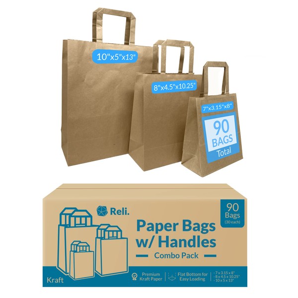 Reli. 90 Pack | Assorted Sizes Kraft Paper Bags w/Handles | 7x3.15x8" - 8x4.5x10.25" - 10x5x13" | 30 Bags Each Size | Paper Bags Combo Pack | Retail Bags/Shopping Bags, Gift Bags