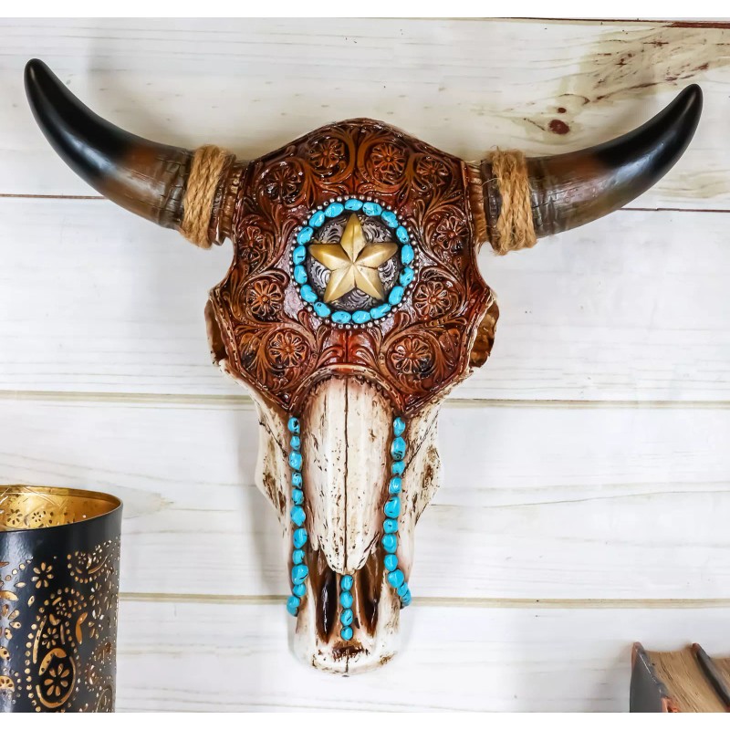Ebros Gift Western Star Tooled Leather Steer Bison Buffalo Bull