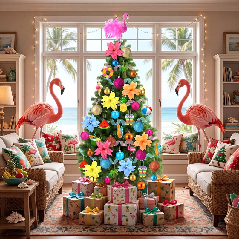 Seenelling 65 Pcs Summer Christmas Tree Ornaments, Tropical Flamingo Decor