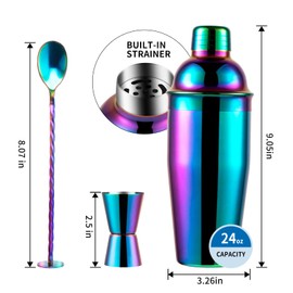 Safring 24oz Cocktail Shaker Bar Set, Martini Shaker with Built-in Strainer, Measuring Jigger, Mixing Spoon, Professional Stainless Steel Large Bartender Drink Shaker Margarita Alcohol Mixer-Rainbow