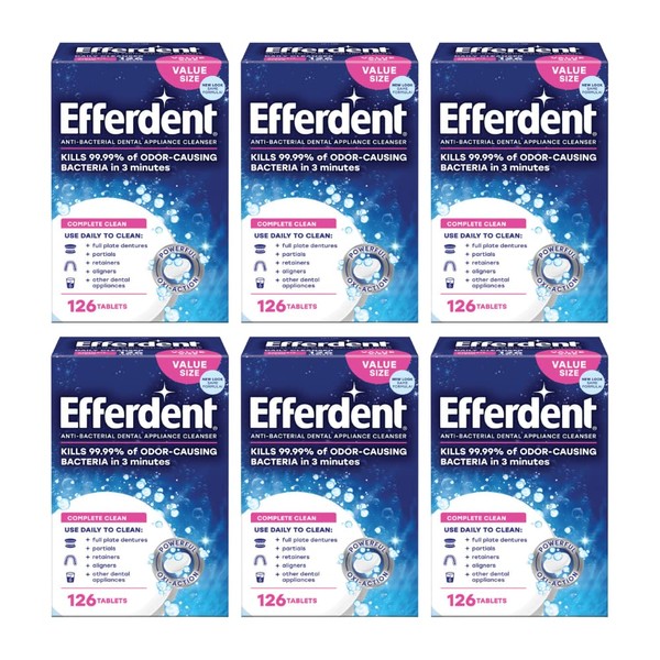 Efferdent Retainer Cleaning Tablets, Denture Cleaning Tablets for Dental Appliances, Complete Clean , 126 Count, (Pack of 6)